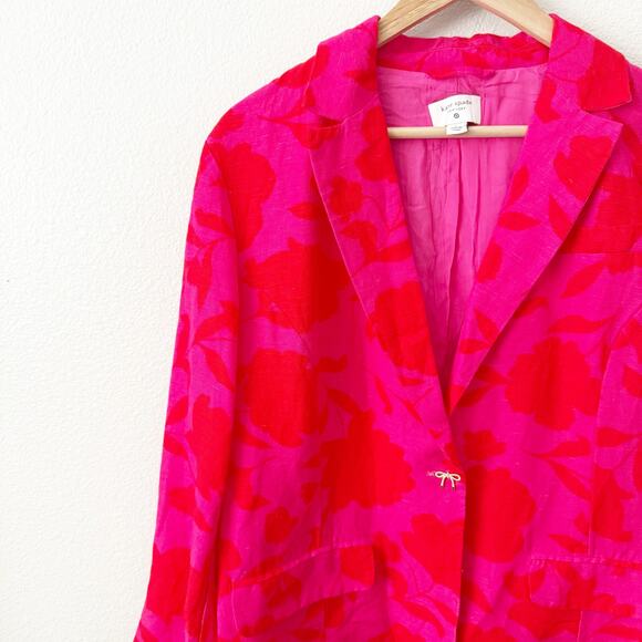 KATE SPADE NEW YORK | Classic Rose Blazer Red Pink Floral Bow Button | Large - Picture 4 of 9